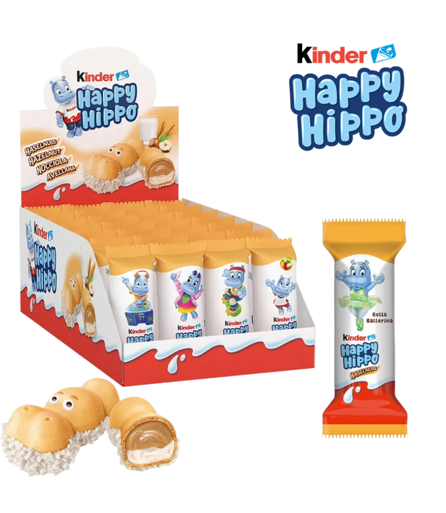 Schokoriegel-Display mit Kinder Happy Hippo Haselnuss-Riegeln und einzeln verpacktem Riegel