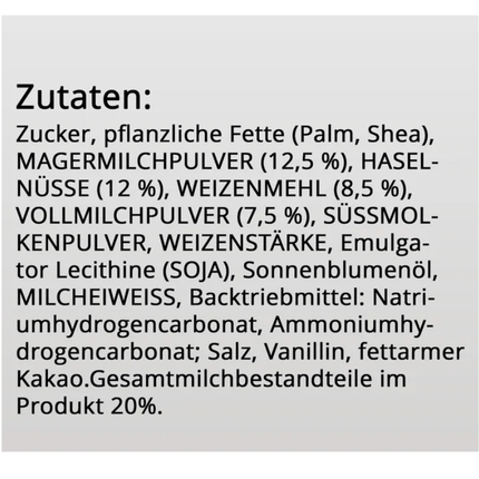 Zutatenliste mit Zucker, Pflanzenfetten, Magermilchpulver und Haselnüssen