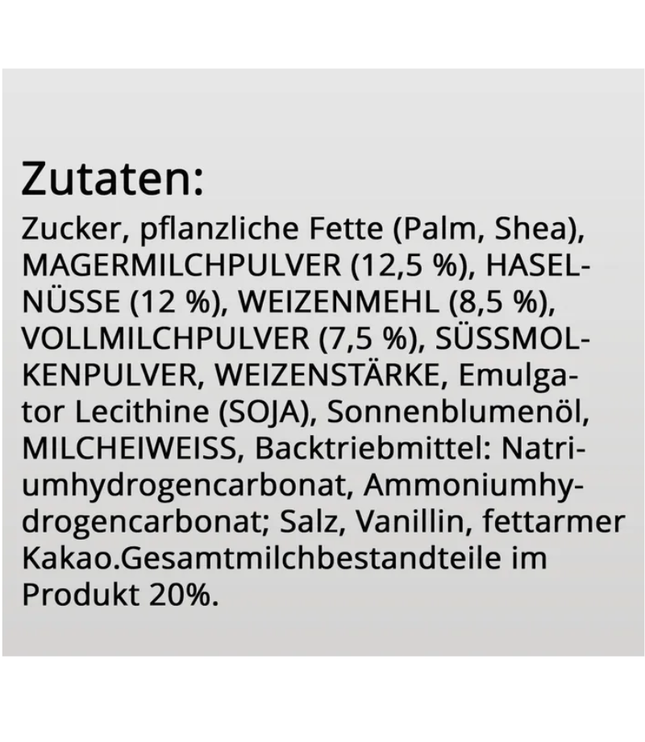 Zutatenliste mit Zucker, Pflanzenfetten, Magermilchpulver und Haselnüssen