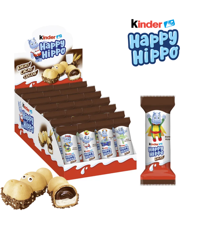 Schokoriegel-Display mit Kinder Happy Hippo Kakao-Riegeln und einzeln verpacktem Riegel