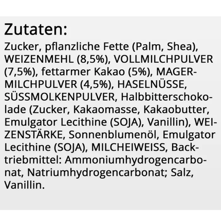 Zutatenliste für Kinder Happy Hippo: Zucker, Kakaomasse, Haselnüsse, Milchpulver