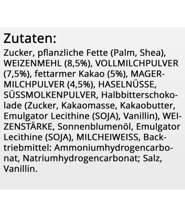 Zutatenliste für Kinder Happy Hippo: Zucker, Kakaomasse, Haselnüsse, Milchpulver