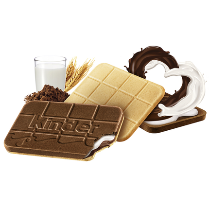 Kinder Cards Biscuit-Riegel mit Schoko- und Vanillecreme, neben Milchglas