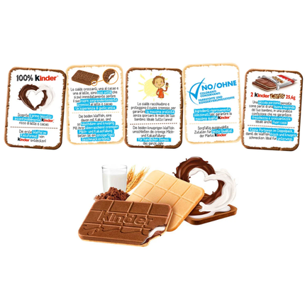 Kinder Cards Packung mit Inhalts-Icons und zwei Biscuitriegeln mit Cremetopping