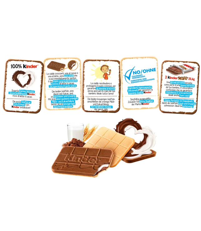 Kinder Cards Packung mit Inhalts-Icons und zwei Biscuitriegeln mit Cremetopping