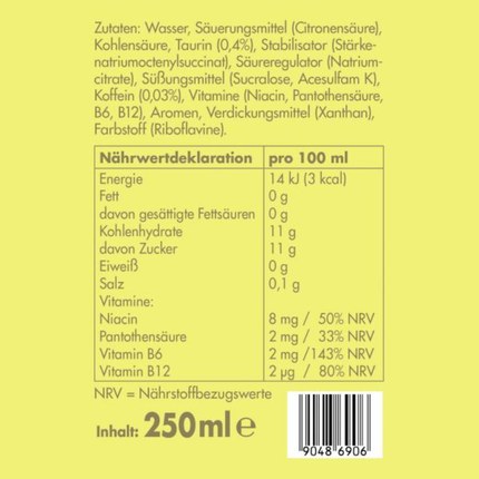 Energy-Drink Zutaten- und Nährwerttabelle auf gelbem Etikett, Inhalt 250 ml