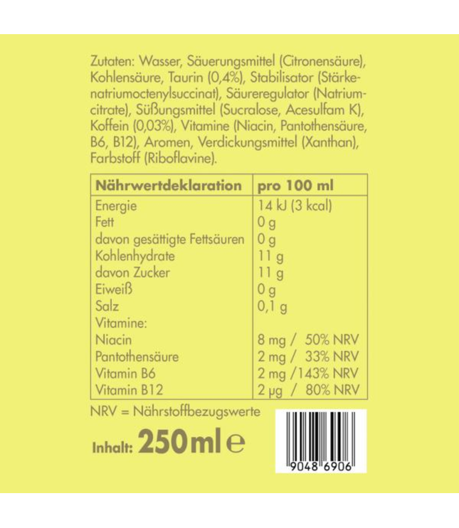 Energy-Drink Zutaten- und Nährwerttabelle auf gelbem Etikett, Inhalt 250 ml