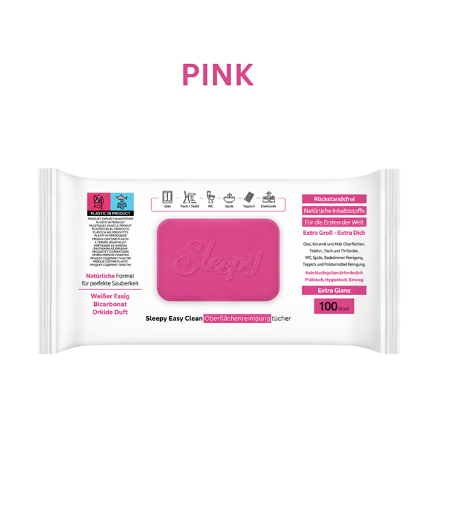 Oberflächenreinigungstücher im pinkfarbenen Beutel mit Sleepy-Logo