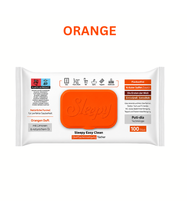 Oberflächenreinigungstücher in orangefarbener Packung mit Sleepy-Logo