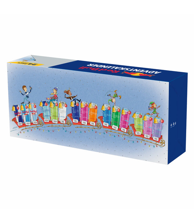 Red Bull Adventskalender-Box mit Reihe von 24 Dosen, farbige Getränke-Labels