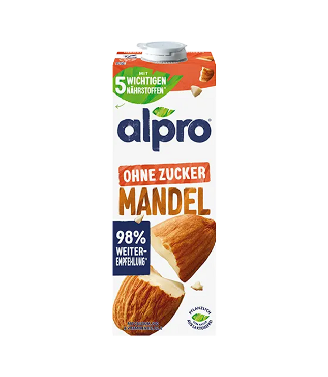 Alpro Mandeldrink ohne Zucker, 1‑L‑Pappkarton mit Mandeln
