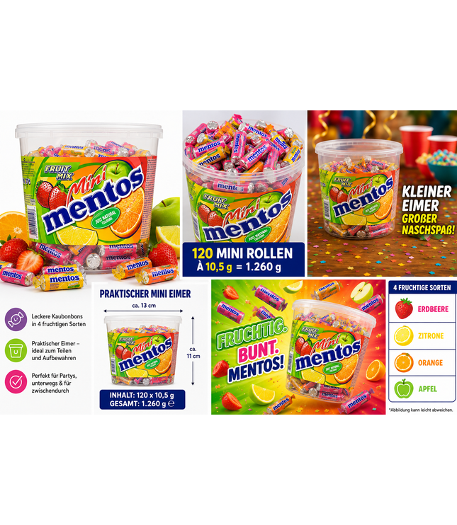 Mentos Mini-Eimer mit bunten Kaubonbons und Dragees, praktische Rollen für unterwegs