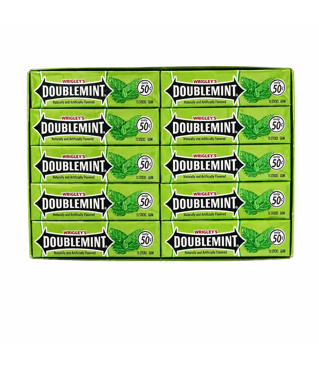 Wrigley’s Doublemint Kaugummi-Boxen mit grünem Design und 50%-Stempel