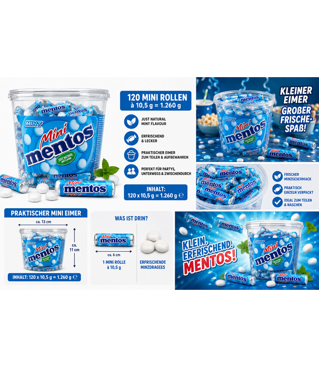 Mentos Mini-Eimer mit blauen Minirollens und Mint-Dragees, für frische Snacks unterwegs