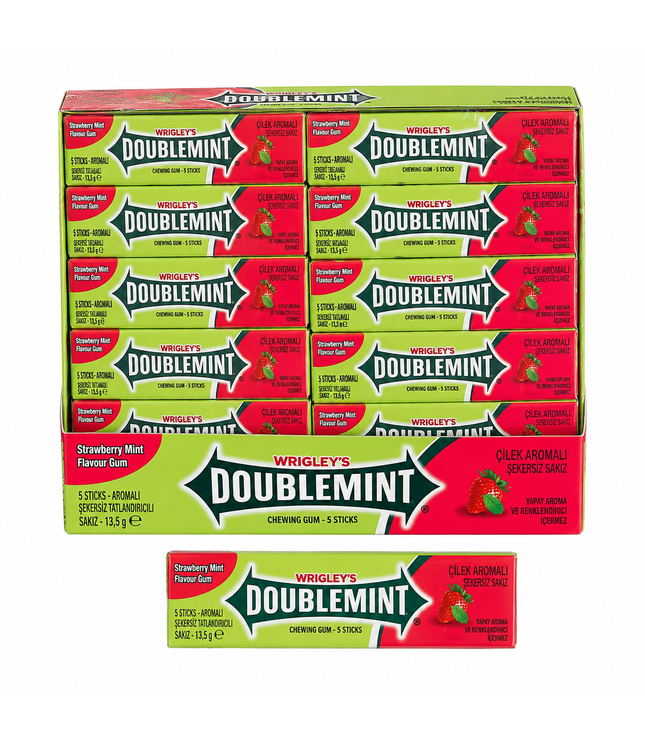 Wrigley’s Doublemint Kaugummi-Boxen mit rotem Design und Erdbeermotiven