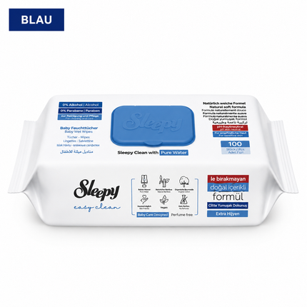 Oberflächenreinigungstücher, blaue Packung mit Siegeln und Anwendungshinweisen