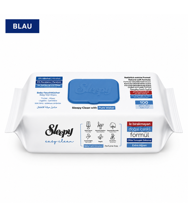Oberflächenreinigungstücher, blaue Packung mit Siegeln und Anwendungshinweisen