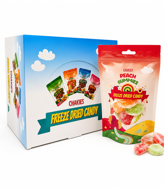 Gefriergetrocknete Pfirsich-Gummibonbons im Beutel, mit bunten Bonbons und Geschenkbox