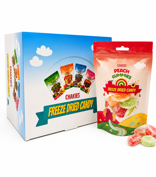 Freeze-dried peach gummies pouch with assorted peach gummy pieces