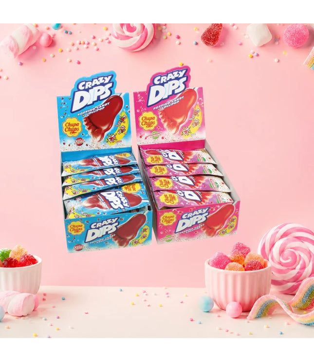 Chupa Chups Crazy Dips Set: blaue und lila Verpackungen mit Popping Candy