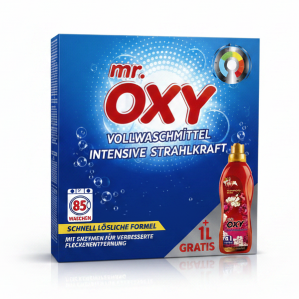 Waschmittelbox mit blauem Design und Mr. OXY Aufdruck, plus rote Gratis-Flasche.