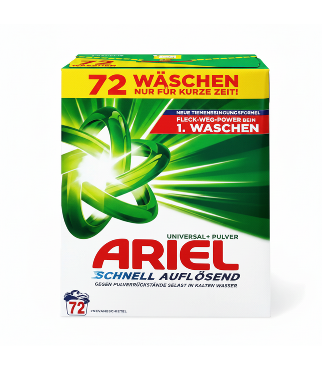 Waschpulver-Packung vorne, 72 Wäschen, Universal+Pulver, Fleck-Weg-Power