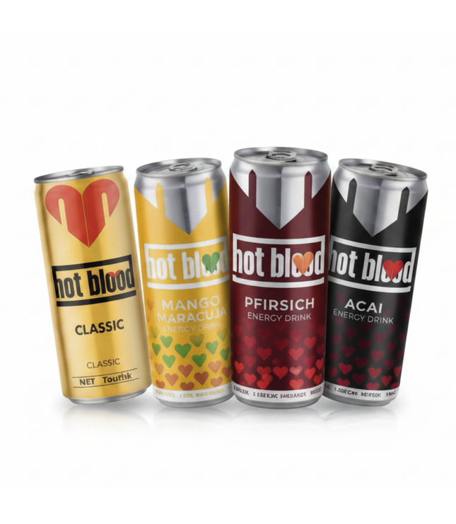 HOTBLOOD Energy-Drink-Dosen: 4 Sorten (Classic, Mango, Pfirsich, Açai)