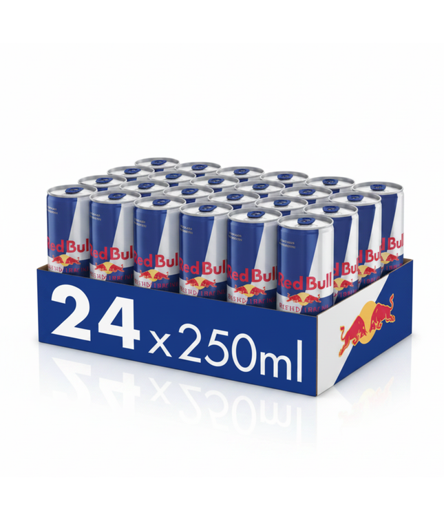 Energy-Drink-Packung mit 24 Dosen à 250 ml, blaue und silberne Dosen im Karton