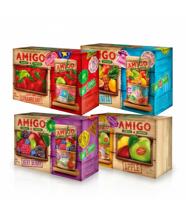 AMIGO Fruchtdrink-Mehrpackung mit Kartons und Obstmotiven