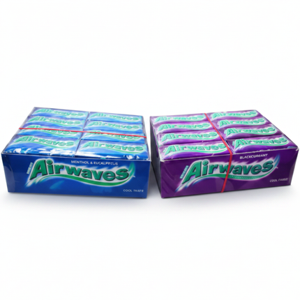 Airwaves Kaugummi-Packungen, blau und lila, je 30x10