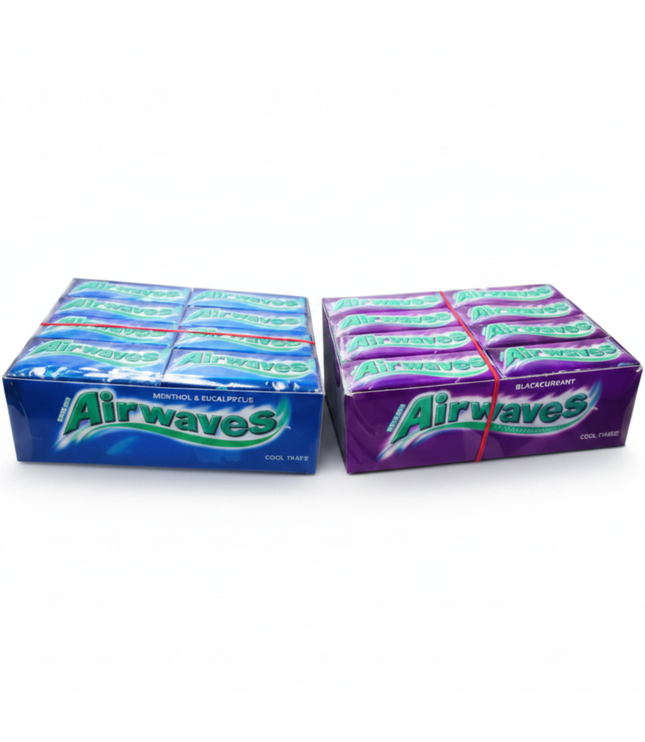 Airwaves Kaugummi-Packungen, blau und lila, je 30x10