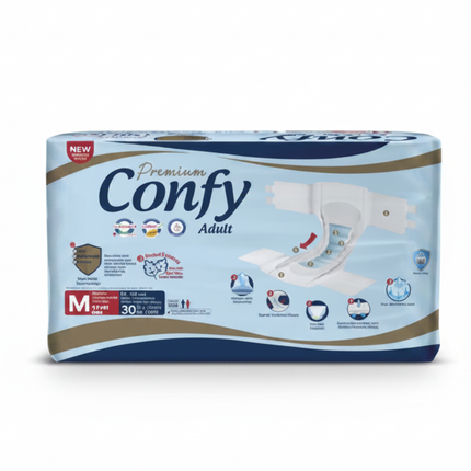 Erwachsenenwindeln-Packung Confy Premium Adult, Größe M, hellblau mit Modellabbildung der Windel