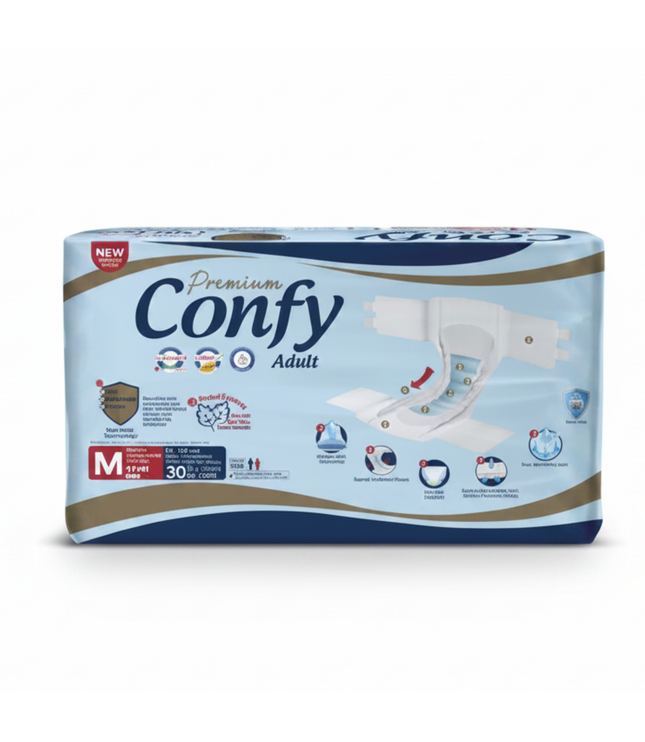 Erwachsenenwindeln-Packung Confy Premium Adult, Größe M, hellblau mit Modellabbildung der Windel