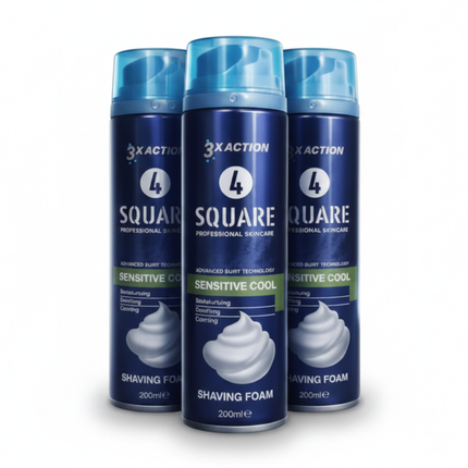 Rasierschaum-Dosen Square Sensitive Cool, drei Stück, dunkelblaue Verpackung, 200 ml
