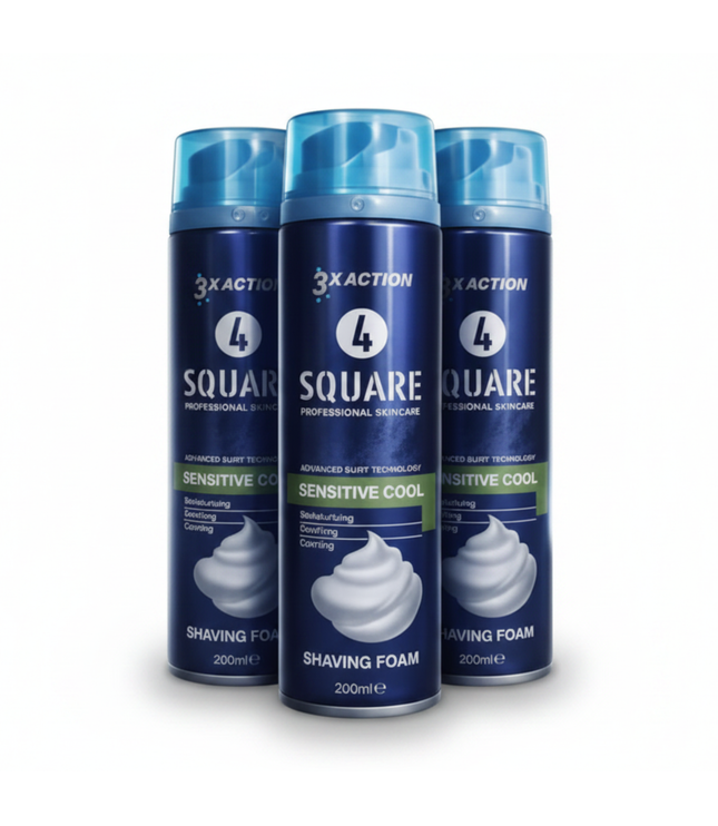Rasierschaum-Dosen Square Sensitive Cool, drei Stück, dunkelblaue Verpackung, 200 ml