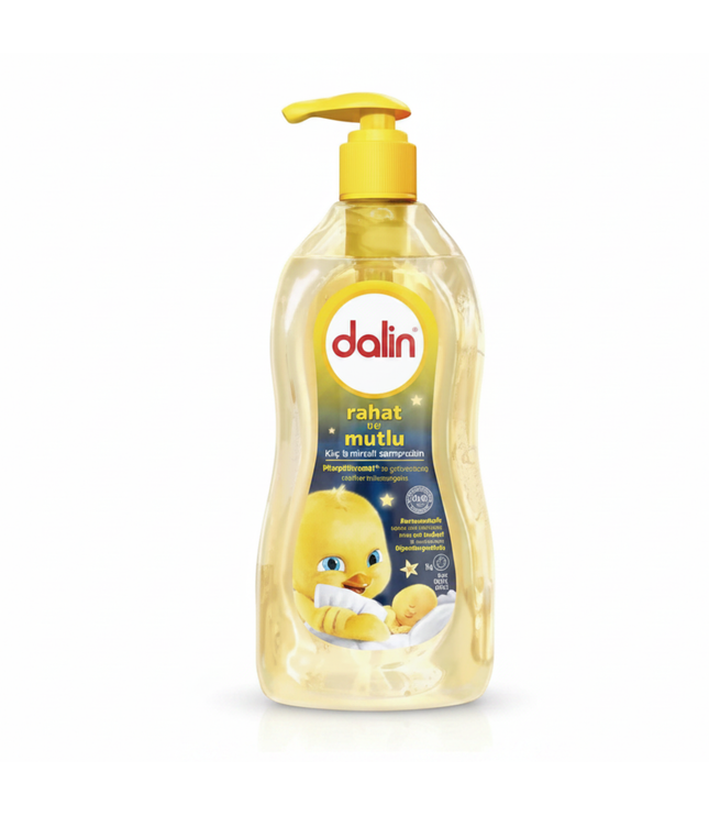 Babypflege-Shampoo von Dalin, gelbe Spenderflasche mit Entenmotiv