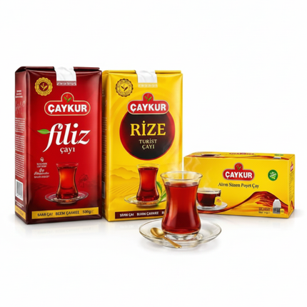CAYKUR Tee-Varianten: Filiz- und Rize-Packungen mit Teegläsern