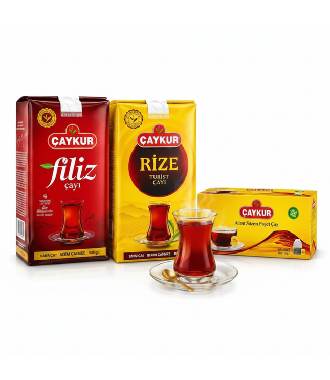 CAYKUR Tee-Varianten: Filiz- und Rize-Packungen mit Teegläsern