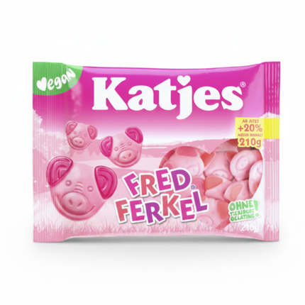 Katjes Fruchtgummi „Fred Ferkel“ 210 g, pinke Tüte mit Schweinchen.