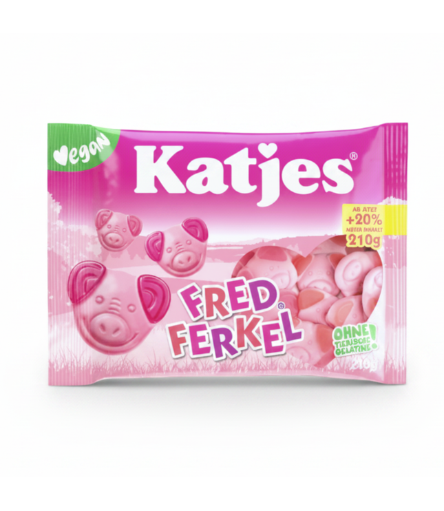 Katjes Fruchtgummi „Fred Ferkel“ 210 g, pinke Tüte mit Schweinchen.