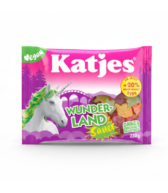 Fruchtgummipackung Wunderland Sauer von Katjes mit Einhorn-Design, 210 g