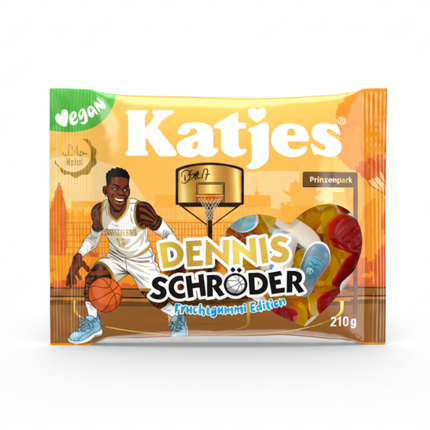 Vegane Fruchtgummi-Verpackung Katjes Dennis Schröder, 210 g, gelb-orange