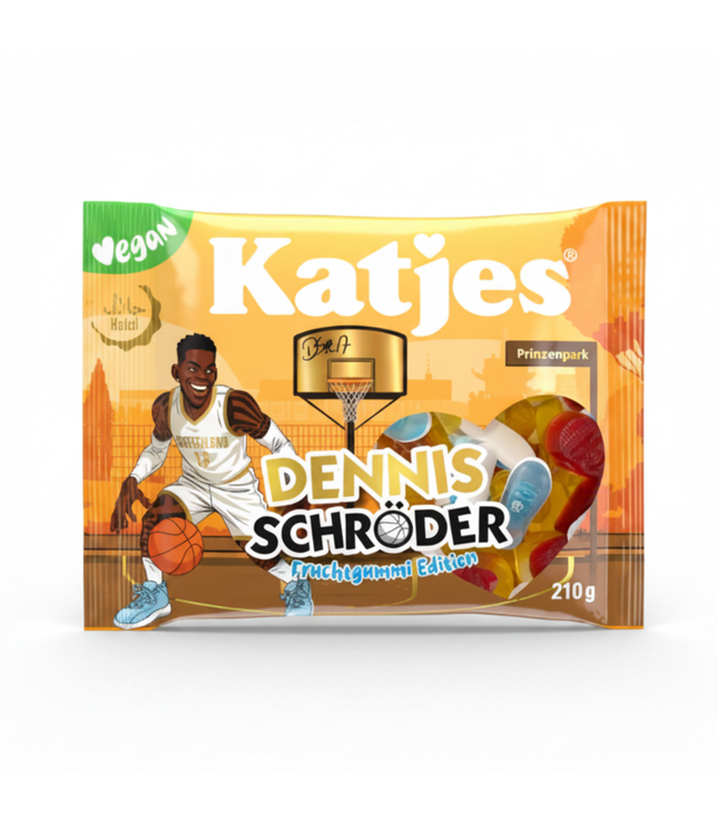 Vegane Fruchtgummi-Verpackung Katjes Dennis Schröder, 210 g, gelb-orange
