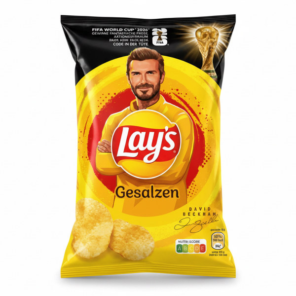 Lay's Gesalzen Chipsbeutel mit David Beckham und goldgelbem Design