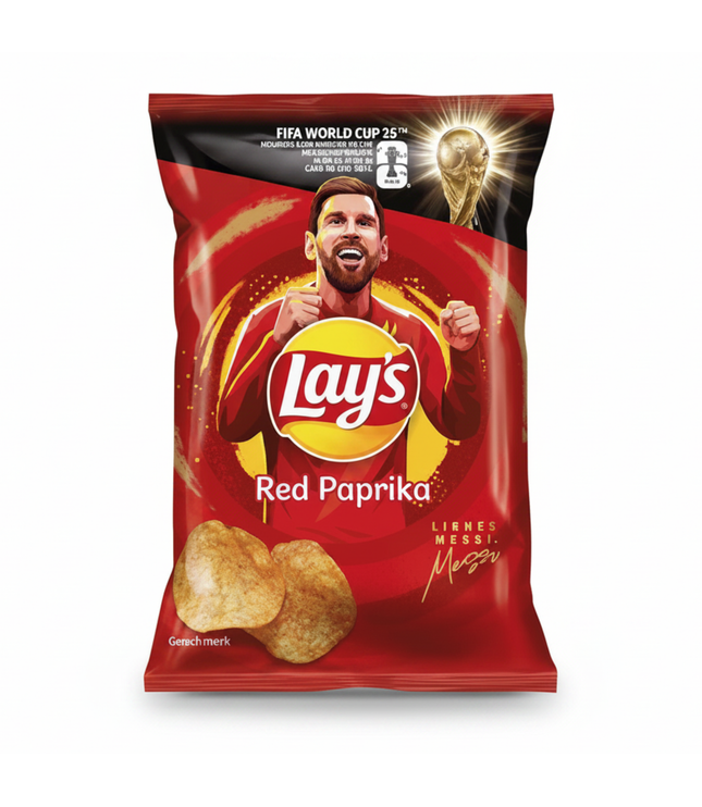 Chips-Tüte mit Lay's Red Paprika, rotes Design und Lay's Logo auf Vorderseite