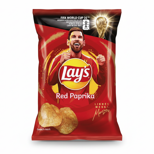 Chips-Tüte mit Lay's Red Paprika, rotes Design und Lay's Logo auf Vorderseite