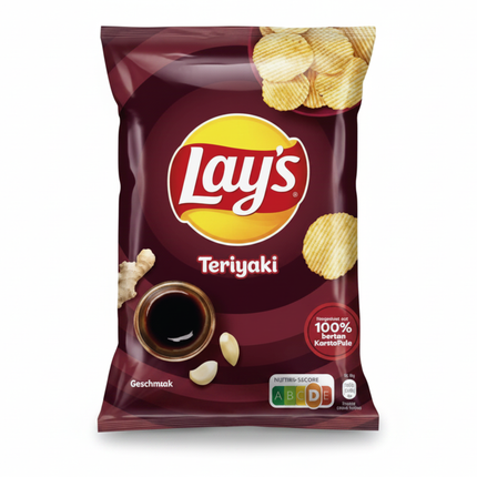 Lay's Teriyaki-Chips, braune Folientüte mit Chips und Teriyaki-Logo.