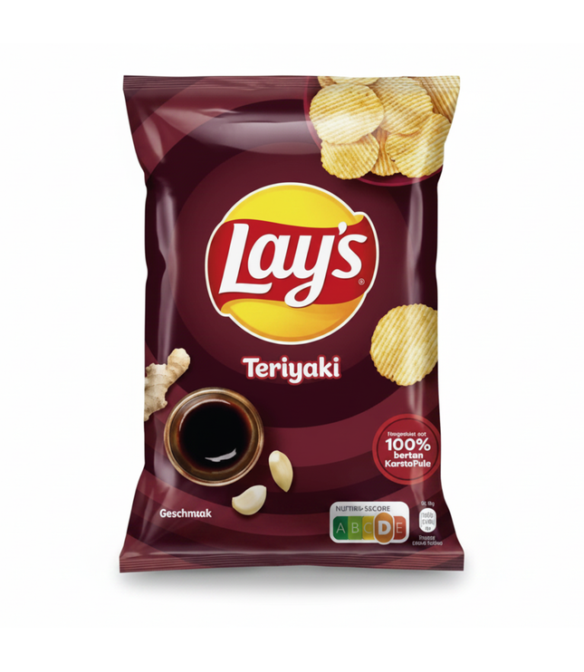 Lay's Teriyaki-Chips, braune Folientüte mit Chips und Teriyaki-Logo.