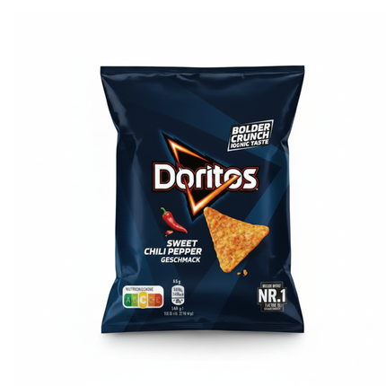 Doritos Sweet Chili Pepper Chips, blaue Tütenverpackung mit Dreiecks-Chips-Illustration