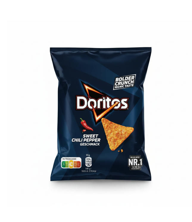 Doritos Sweet Chili Pepper Chips, blaue Tütenverpackung mit Dreiecks-Chips-Illustration
